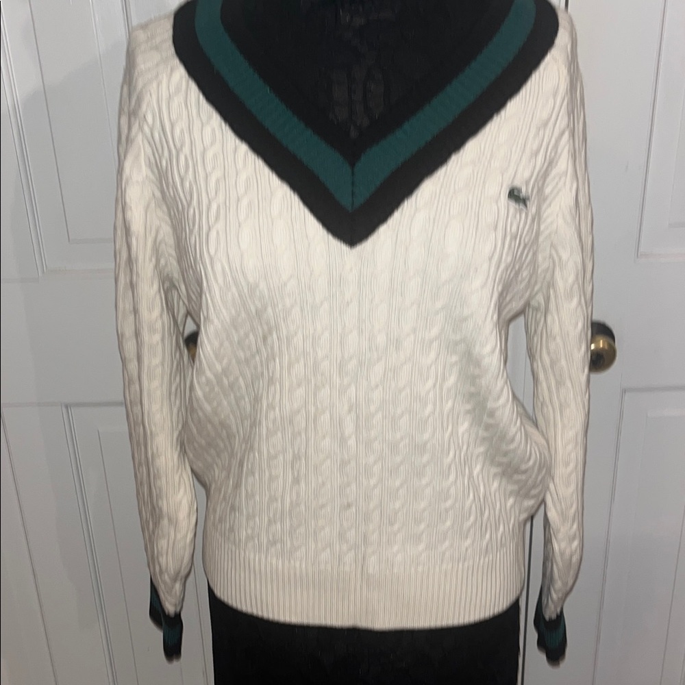 Lacoste Women's V-Neck Sweater in Cream and Green unisex